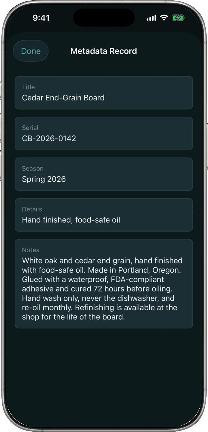 The full OnceMark record on its own screen