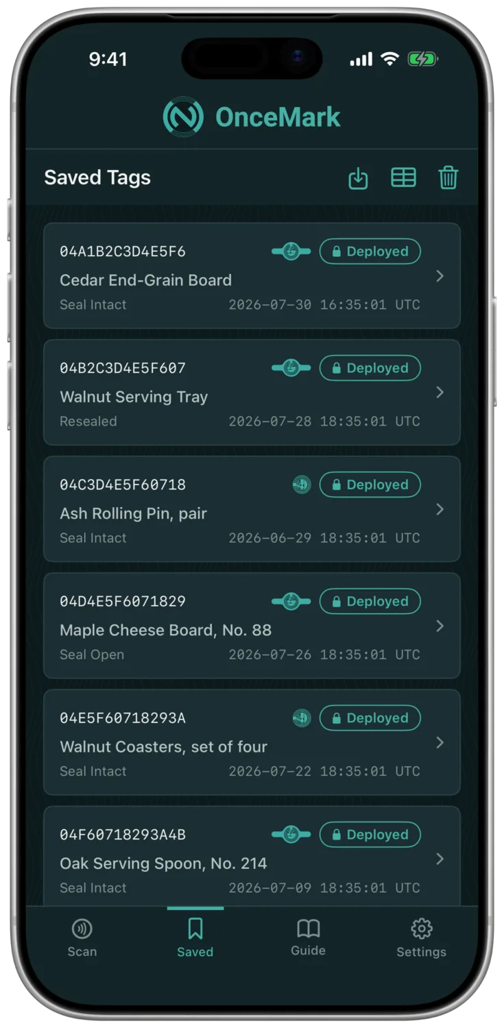 Toutes les étiquettes que vous avez émises, conservées sur votre appareil