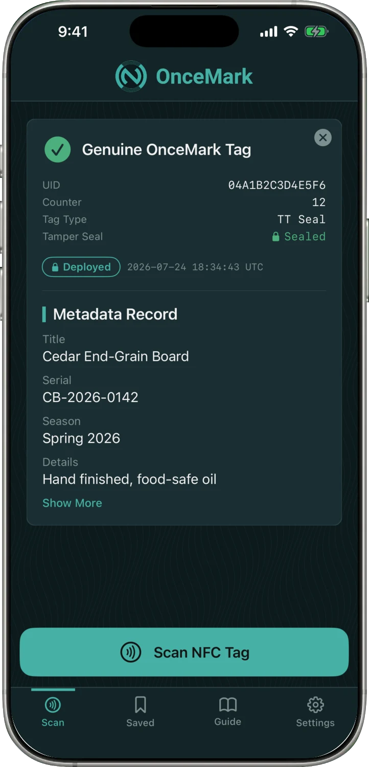 A genuine OnceMark tag showing the maker's record