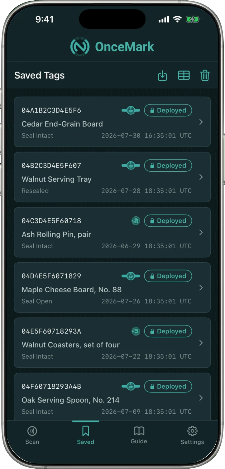 The OnceMark app's list of issued tags