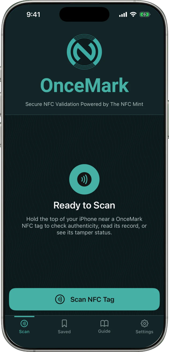 The OnceMark app ready to scan a tag